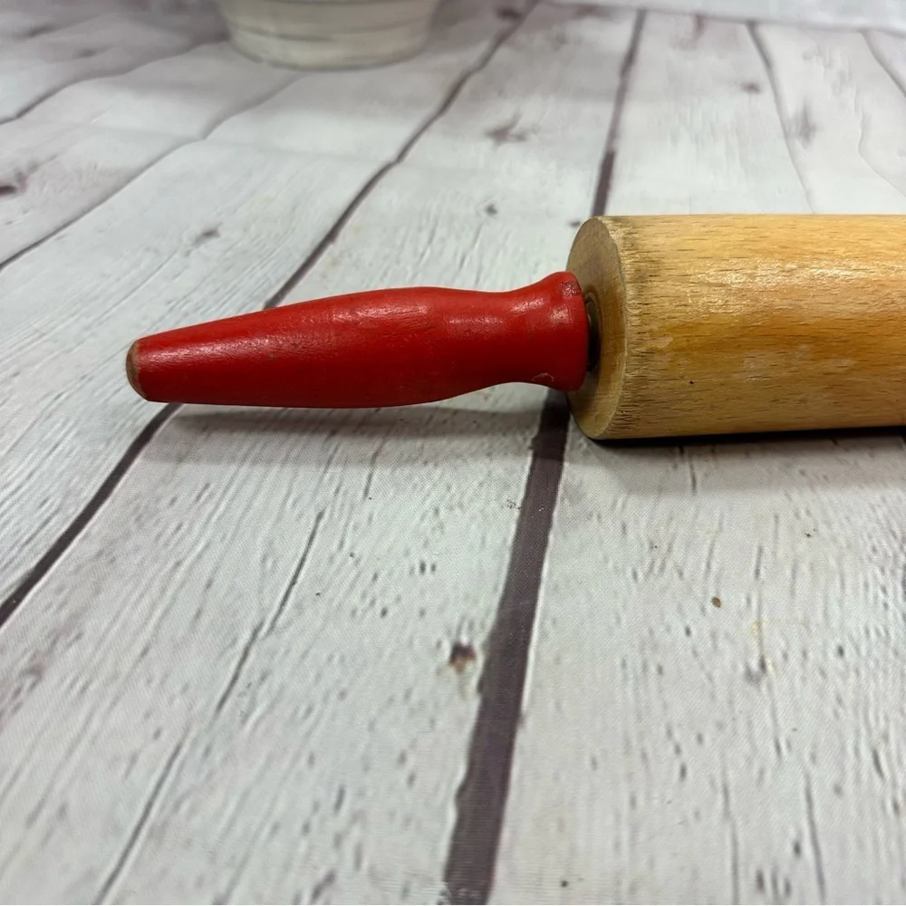 vtg wooden rolling pin red handles cottagecore decor traditional cottage country